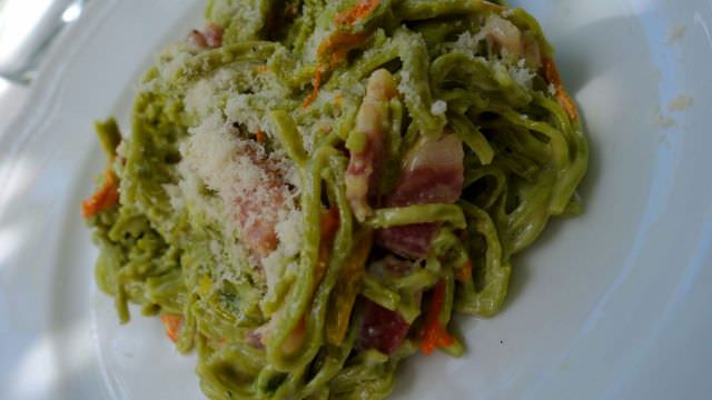 Learn how to make Tuscan specialty pastas like this pici with pesto in same setting as the movie Under the Tuscan Sun 